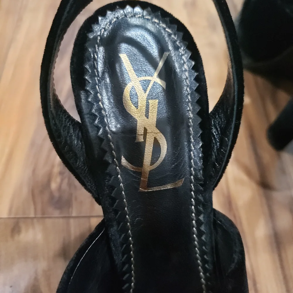 Saint Laurent black velvet heeled sandals shoes Size 37.5 us 7 - Picture 8 of 9